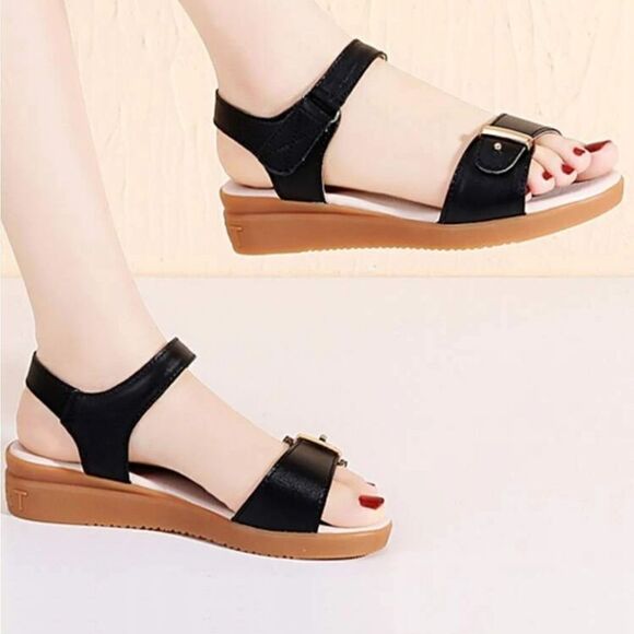 BRAND NEW ROUGE ADJUSTABLE BUCKLE DOUBLE STRAP OPEN TOE WEDGE SANDAL - Picture 1 of 16